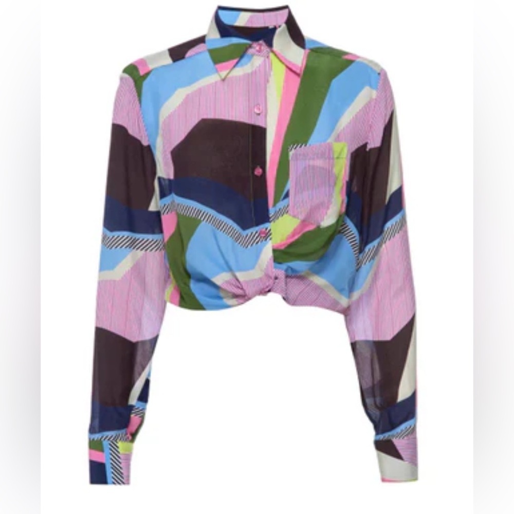 Le Superbe silk Interrupted Pattern Sunset Tower Tuck Blouse Colorful Geometric - Picture 2 of 8